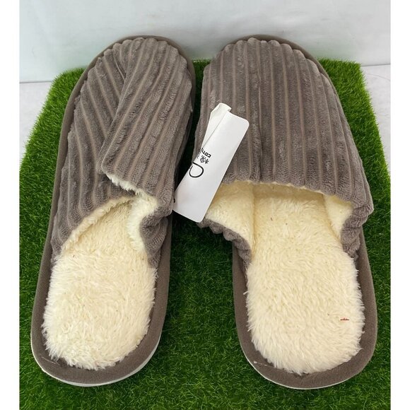 New Mens Size 42-43 Gray Ribbed Plush Slippers With Faux Fur Lining & Non-Slip S - Picture 1 of 8